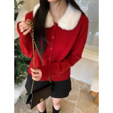 法式小香风设计感针织开衫女秋冬新款毛毛翻领气质毛衣韩系上衣