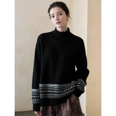 批发费尔岛风半高领提花软糯保暖毛衣女秋冬黑色时髦宽松高级感针织衫