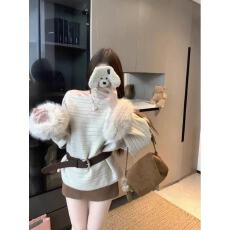 批发法式气质狐狸毛袖口毛衣斜领露肩设计感蝙蝠袖上衣