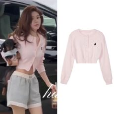 粉色刺绣圆领针织开衫露脐短款毛衣