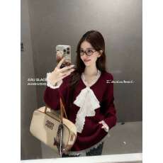 批发蕾丝蝴蝶结拼接宽松长袖毛衣女2025秋季新款慵懒风甜美<b class='q'>针织衫</b>上衣