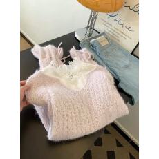 批发u领套头喇叭袖<b class='q'>针织衫</b>毛衣叠穿蕾丝拼接打底衫女2025新款上衣