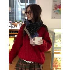 2025年秋东季韩系慵懒风红色圆领麻花秋冬毛衣女宽松高级感针织衫