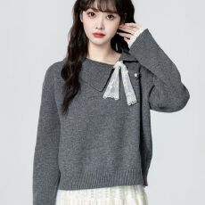 灰色翻领毛衣女2025秋季新款蕾丝拼接长袖针织衫套头短款上衣
