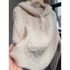 批发白色连帽<b class='q'>长袖</b>针织衫女2025秋冬新款韩系扭花舒适温柔小众大码毛衣