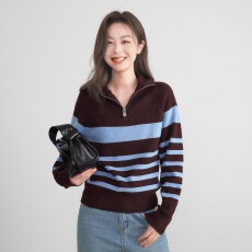 法丝璐条纹针织衫女秋季半拉链翻领长袖上衣慵懒高级感套头毛衣