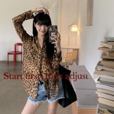 批发港风高级感豹纹雪纺衬衫女秋别致微透薄款宽松开衫外套