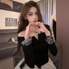 批发官图实价 仿棉 亮片挂脖假两件长袖t恤女秋冬辣妹修身打底衫<b class='q'>上衣</b>