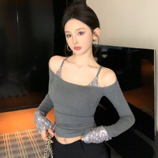 批发官图实价 仿棉带胸垫 亮片长袖T恤女秋一字肩修身辣妹风打底<b class='q'>上衣</b>