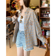 批发原版面料复古格子衬衫女夏季设计感小众宽松休闲<b class='q'>长袖</b>防晒上衣外套