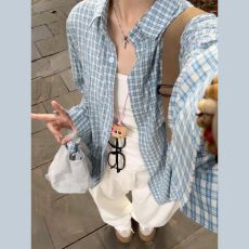 批发韩系氛围感蓝色格子长袖防晒衣衬衫<b class='q'>女</b>夏季复古风休闲百搭衬衣外套