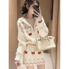 批发韩系秋冬chic针织套装<b class='q'>女</b>2025新款圣诞风针织上衣减龄<b class='q'>半身裙</b>两件套