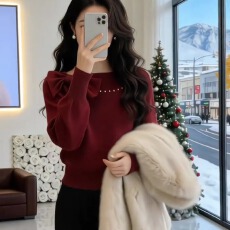 红色圣诞新年毛衣女秋冬长袖上衣设计感气质高端蝴蝶结内搭针织衫