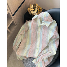 批发韩系慵懒风亚麻彩色条纹衬衫<b class='q'>女</b>春夏薄款外搭防晒衬衣开衫罩衫外套