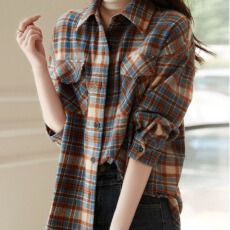 批发秋季设计感撞色复古<b class='q'>格子衬衫</b>百搭宽松300斤大码休闲显瘦减龄上衣