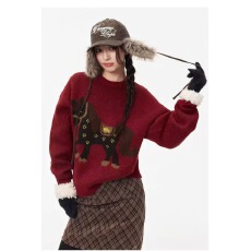 薛之谦同款韩式可爱风卡通马上有钱花红色圆领宽松女秋冬慵懒毛衣