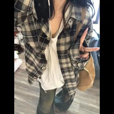 批发美式复古oversize磨毛<b class='q'>格子衬衫</b>女宽松休闲显瘦慵懒风开衫长袖上衣