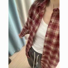批发韩系温柔风长袖polo红色<b class='q'>格子衬衫</b>女叠穿宽松遮肉显瘦衬衣通勤外套