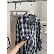 批发双层棉纱<b class='q'>格子衬衫</b>女秋季薄款休闲复古慵懒百搭减龄防晒衬衣开衫潮