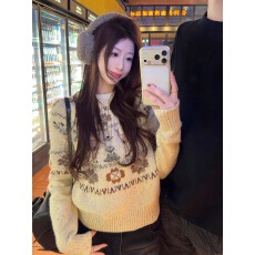 氛围感复古小鹿提花毛衣女冬季新款重工钩花费尔岛圆领针织衫