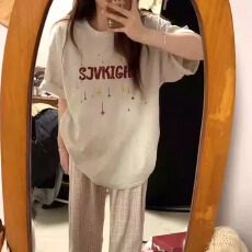 官图 21支纯棉210克100%棉学院风星星字母印花短袖t恤女