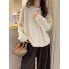 批发慵懒风圆领<b class='q'>羊绒</b>衫女秋冬蕾丝花边宽松显瘦百搭针织衫时尚打底上衣