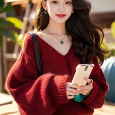 初秋氛围感秋款车厘子安可拉枣红色穿搭毛衣女2025新款灯笼袖上衣