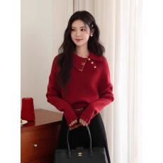 批发新年红色polo翻领套头针织毛衣女秋冬季<b class='q'>不规则</b>内搭打底衫长袖上衣