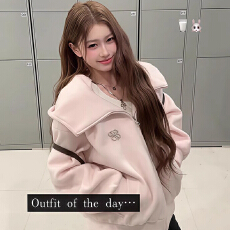 批发原版做法韩系<b class='q'>甜美</b>粉色大翻领连帽外套新款设计感休闲风百搭上衣潮