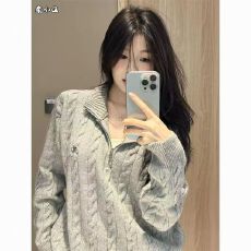 批发美式复古半拉链针织衫女秋<b class='q'>冬</b>季麻花毛衣慵懒风软糯上衣