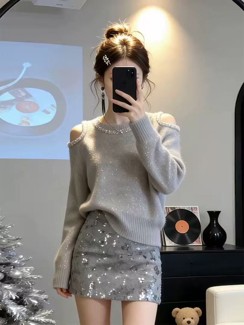 MY17033# 初冬灰色亮片套头毛衣内搭轻奢高级感可外穿针织衫露肩圆领上...