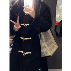 批发牛角扣毛呢外套女<b class='q'>中长款</b>2026新款赫本风小个子连帽呢子大衣潮