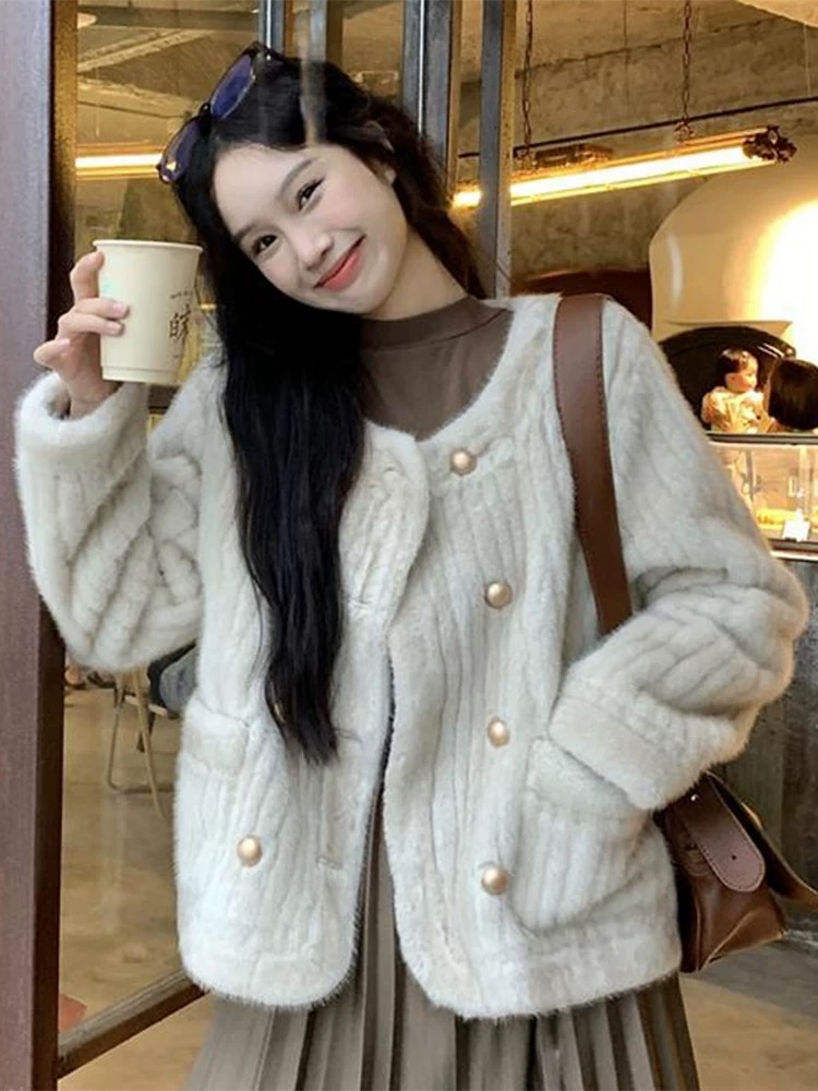 MY17031# 外套新款显瘦小香风短款大衣宽松皮毛一体加厚仿水貂绒女裝貨...