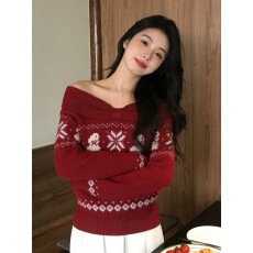 批发红色兔子提花一字肩<b class='q'>毛衣</b>女秋冬季2025新款可外穿内搭打底针织上衣
