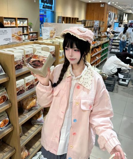 핑크색 작은 꽃무늬 폴로 칼라 데님 여성 코트 디자인 센스 색상 버클 루즈핏 다용도 재킷 맨위 새로운