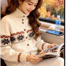 复古软糯费尔岛提花高领毛衣女秋冬新款慵懒宽松显瘦叠穿针织开衫
