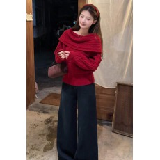 新年红色一字肩毛衣女2026新款温柔风软糯宽松针织衫上衣