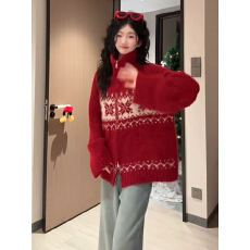 批发费尔岛红色新年毛衣女秋冬季2025新款圣诞穿搭慵懒风针织开衫外套
