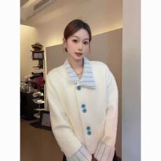 批发2026新款拼接蓝色条纹中长款毛呢外套款加厚翻领气质洋气大衣