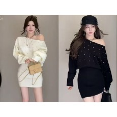 批发小香风烫钻针织<b class='q'>连衣裙</b>女秋冬纯欲性感一字肩包臀裙蝙蝠袖毛衣裙