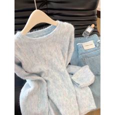 批发含绵羊毛蓝色条纹套头长袖针织衫毛衣女可外穿内搭小个子打底上衣