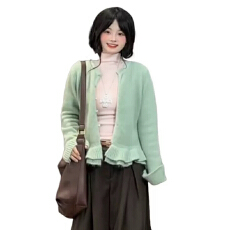 批发温柔薄荷绿荷叶边针织<b class='q'>开衫</b>毛衣裤子女2026春秋新款设计感三件套装