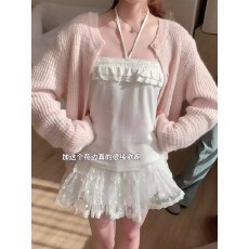 批发甜美风粉色针织开衫挂脖吊带背心<b class='q'>蕾丝</b>半身裙三件套女春季时尚套装
