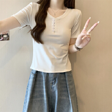 批发实拍 40支纯棉210克92棉/8氨纶2025纽扣短袖T恤女