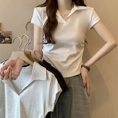 批发实拍 40支纯棉210克92棉/8氨纶polo领收腰短袖T恤女