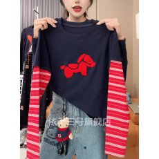 批发官图羊毛绒2026新款毛巾绣卡通长袖T恤女条纹拼接百搭显瘦