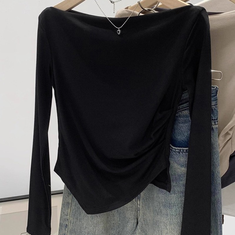 40 순면 리브 210 그램 1 1 오프숄더 불규칙 긴팔 기본 셔츠 여성 셔츠