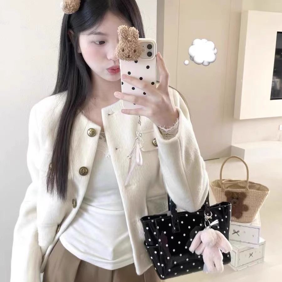 부유 한 가족 천 골드 화이트 작은 샤넬 스타일 모직 외투 2025 가을과 겨울 작은 키 고급 센스 루즈핏 다용도 맨위