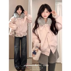 批发甜美<b class='q'>气质</b>粉色蝴蝶结连帽毛领外套女秋冬新款韩系高级感棒球服夹克