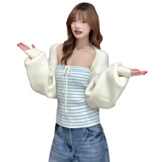 批发新款韩系撞色条纹抹胸叠穿针织开衫两件套上衣漂亮针织衫套装